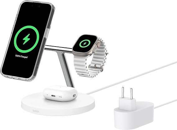 Belkin BoostCharge 3-in-1 Charging Station with Qi2, MagSafe Charger Compatible with iPhone 17, iPhone Air, Apple Watch, AirPods, Pixelsnap, Adapter Included – White - Image 1