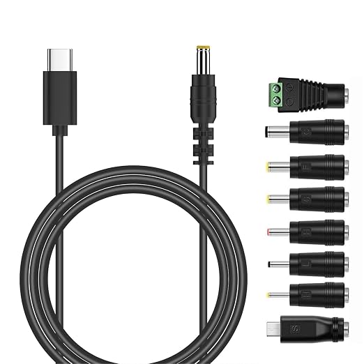 USB-C to DC Power Cable, 8 in 1 USB-C to Universal Power Cable with 8 Plugs for Router, Shaver, TV Box, Philips Hue Hub (1m, Black) - Image 1