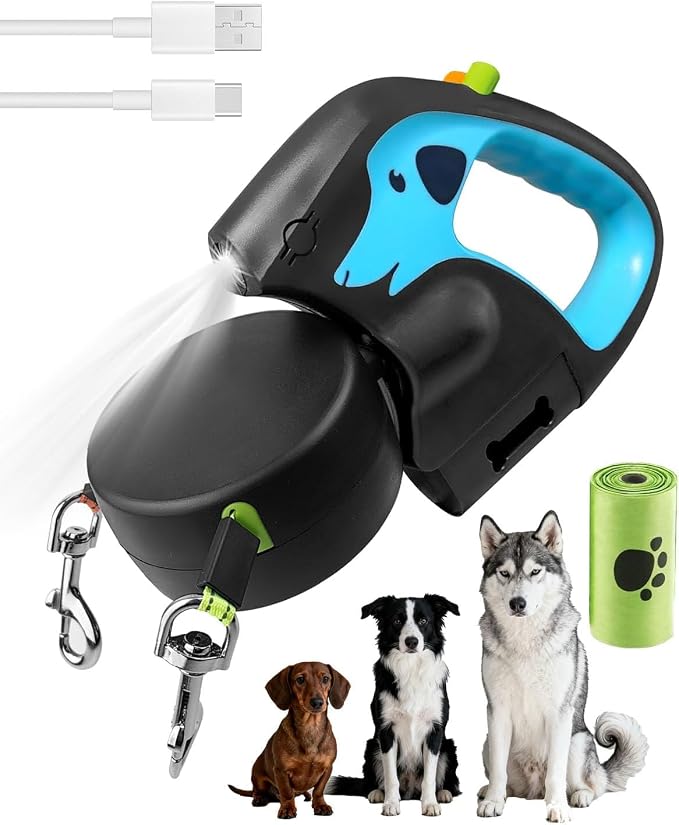 Retractable Double Dog Lead, 3 m Retractable Dog Lead with 3 Lighting Modes, 360° Anti-Tangle Nylon Strip, Flexible Lead for Small, Medium and Large Dogs - Image 1