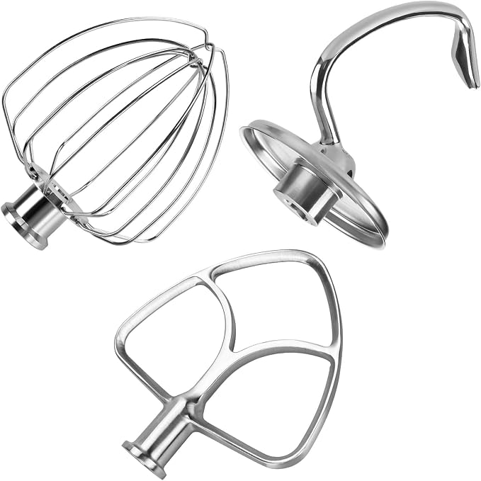 3 Piece Stainless Steel Accessories for KitchenAid 4.5-5 Quart Tilt Head Mixer on Stand Artisan & Classic Series by MMOBIEL - K45 Whisk, Flat Mixer, Dough Hook, Dishwasher Safe - Image 1