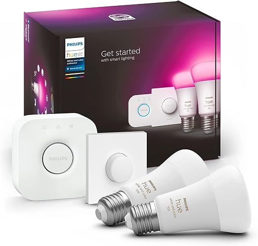 Philips Hue White and Color Ambiance, 2-Bulb Starter Kit, E27, 1100 Lumens, Bridge and Remote Control, Bluetooth Enabled, Works with Alexa, Google Assistant and Apple Homekit - Image 1