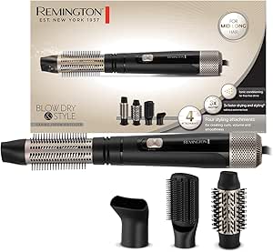 Remington Blow and Dry Caring Air Styler Hair Dryer, Hot Brush and Curler for Medium to Long Hair, 4 Accessories, 1000 Watts, AS7500 Black - Image 1