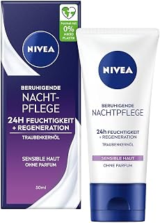 NIVEA Soin de nuit apaisant 24 h hydratant + régénération, crème pour le visage sans parfum pour peaux sensibles, crème de nuit délicate à l'huile de pépins de raisin - Image 1