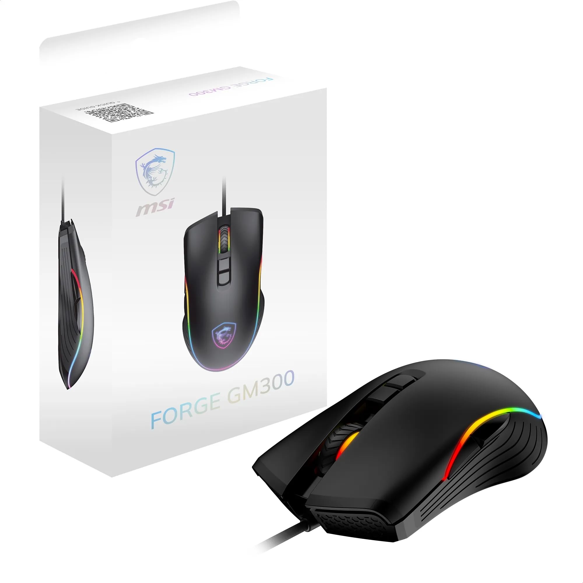 MSI Forge GM300 7-Button Optical Mouse with Scroll Wheel, 1000/1600/3200/6400 dpi, 10M+ Click Lifespan Switches, Dragon RGB LED Light Effects and Braided Cable - Image 1