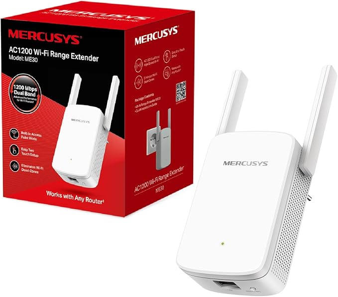 MERCUSYS TP-Link Powerful WiFi Repeater, AC1200 Mbps WiFi Amplifier, Ethernet Port, Covers up to 120 m², Compatible with Internet Boxes, ME30 - Image 1