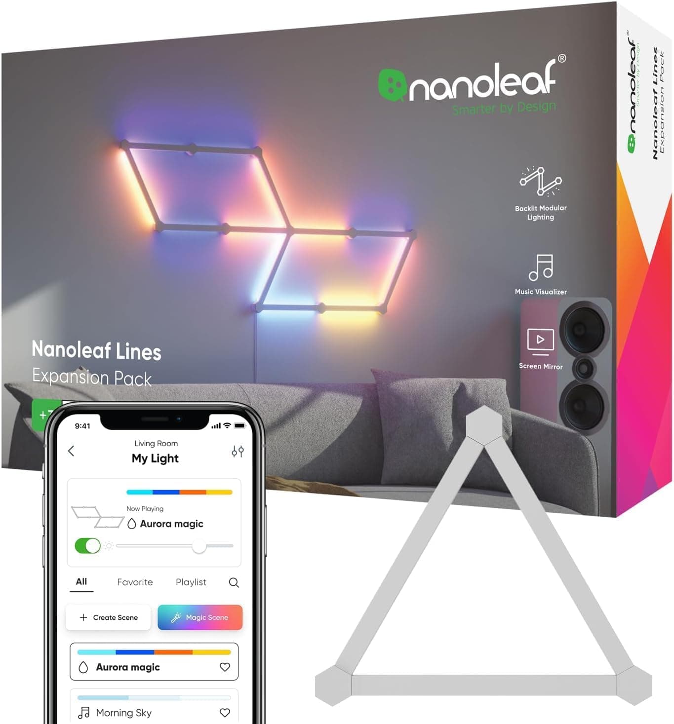 Nanoleaf Lines 60 Degrés Pack d'Extension, 3 Barres Lumineuses LED RGBW Connectées - Appliques Murales Luminaires Intérieur Modulaires Wi-Fi 16M Couleurs, Compatible Alexa, pour Salon Chambre Gaming