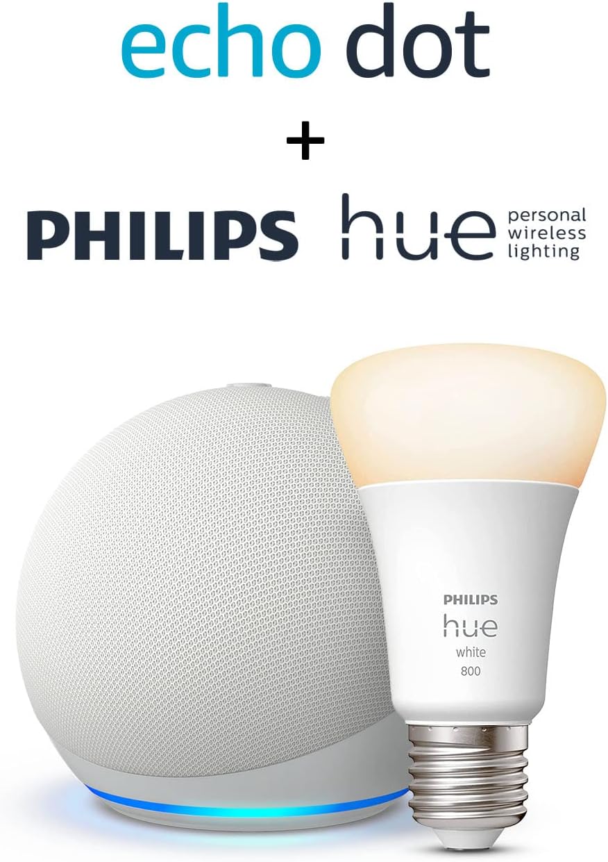 Echo Dot (5e génération) | Blanc + Philips Hue White ampoule connectée (E27), Fonctionne avec Alexa - Kit de démarrage Maison connectée - Image 1
