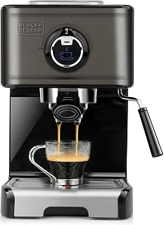 BLACK+DECKER BXCO1200E - Machine à Expresso 1200 W, 15 Bars, Réservoir 1,2 L, pour Dosette et Moulu, 2 Tasses, Buse Vapeur, Plaque Chauffante, Noir et Inox - Image 1