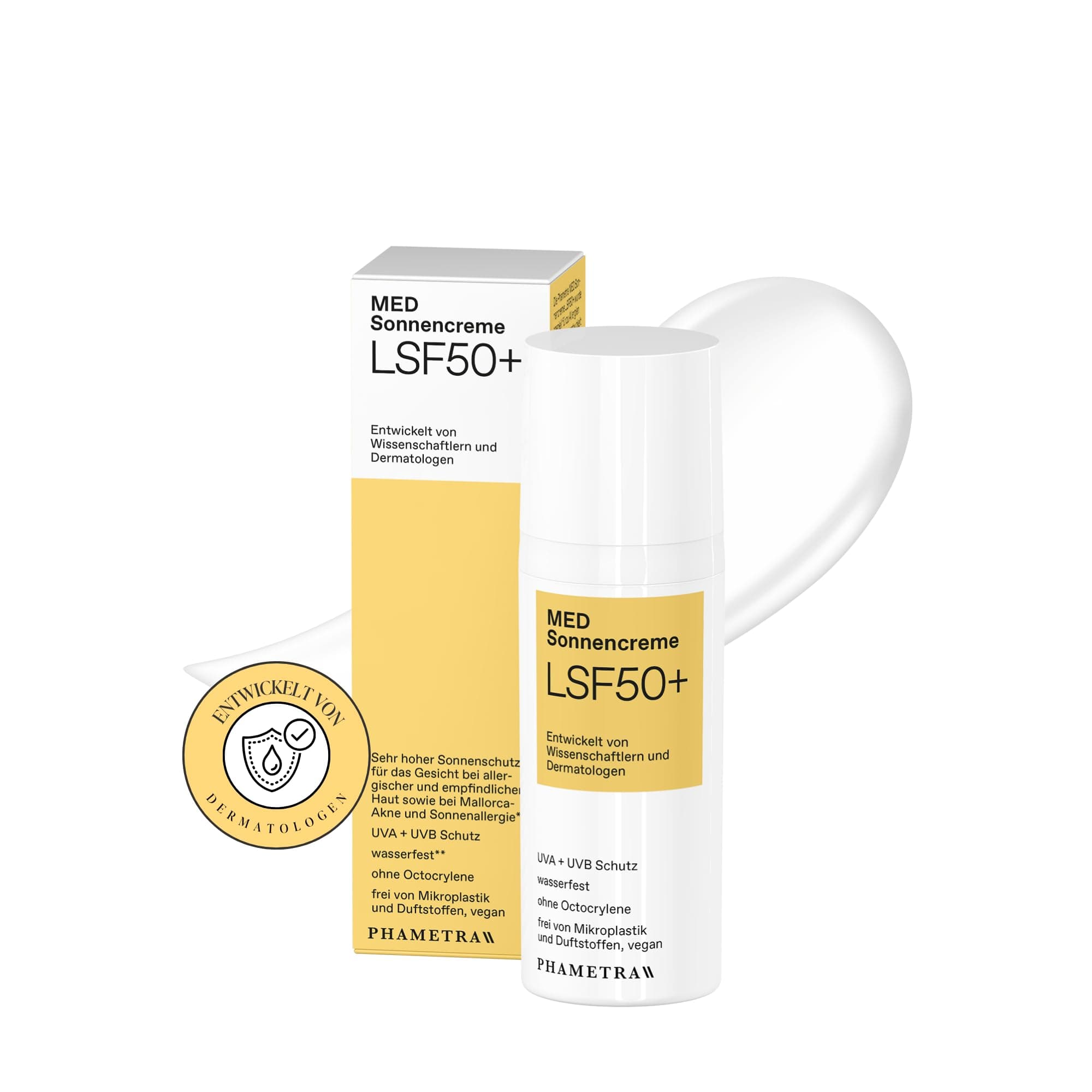 Phametra MED Crème solaire SPF 50+ | Très haute protection pour peaux allergiques & sensibles | Sans octocrylène & microplastiques | Protection UVA + UVB | Résistant à l'eau |Sans parfum | Vegan |50ml