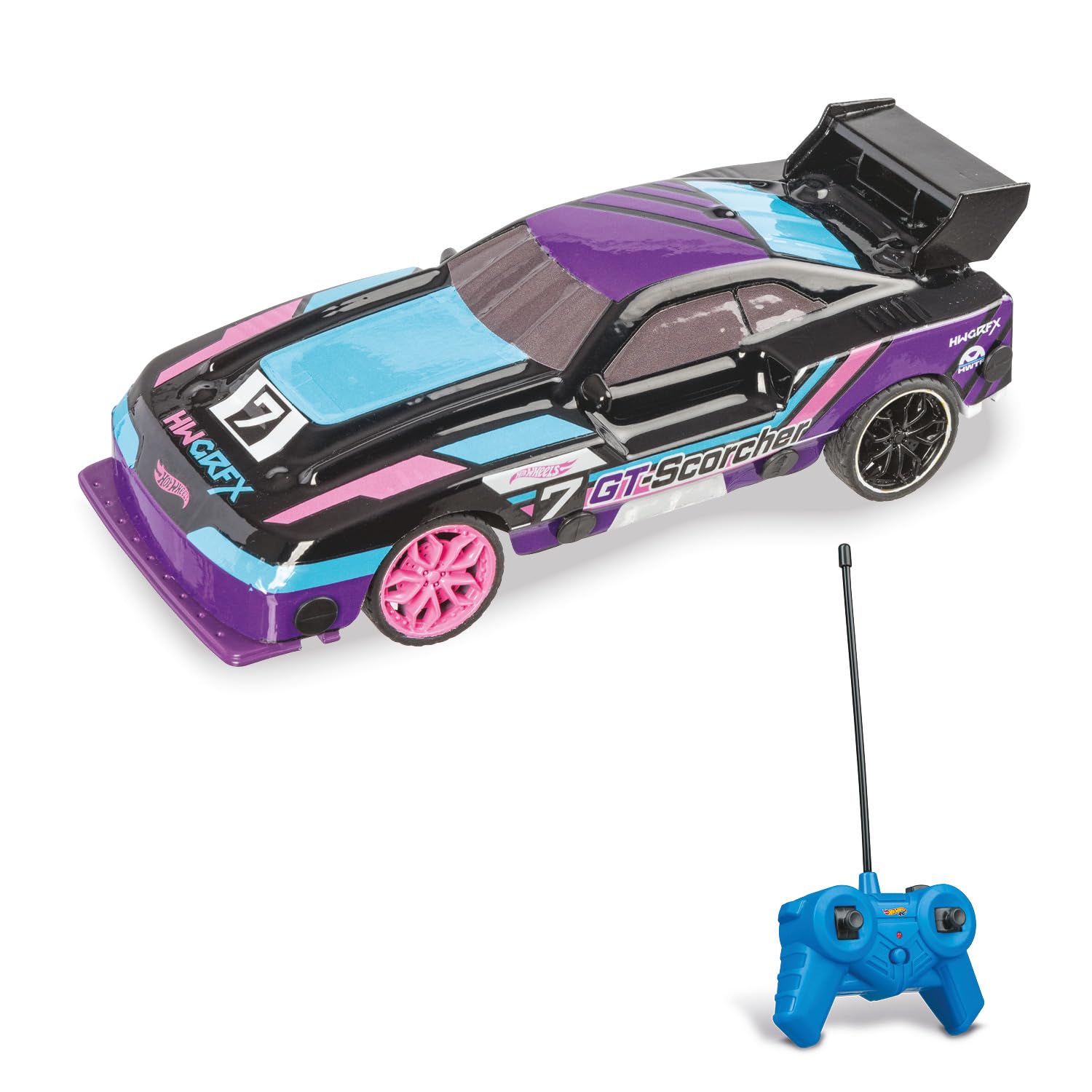 Mondo Hot Wheels GT Scorcher Motors, 1:24 Scale Model, Up to 8 km/h Speed, Children's Carref 63822, with LED lights in the body, Colour Purple and Blue - Image 1