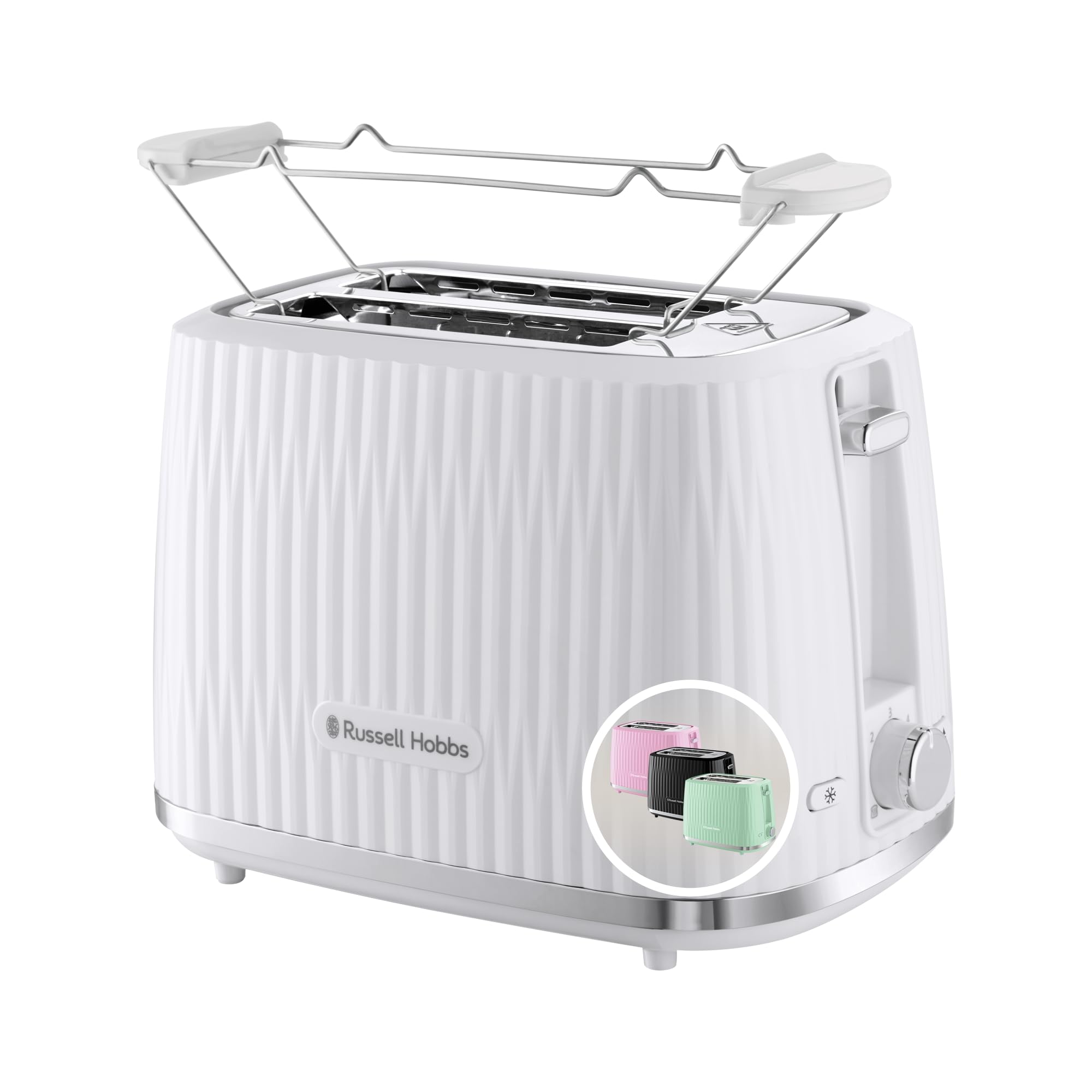 Russell Hobbs Toaster with 2 wide slots (6 browning levels, elevation, defrosting, baked warmers, automatic shut-off, removable crumb collector, white textured design) Eden 27370-56 - Image 1