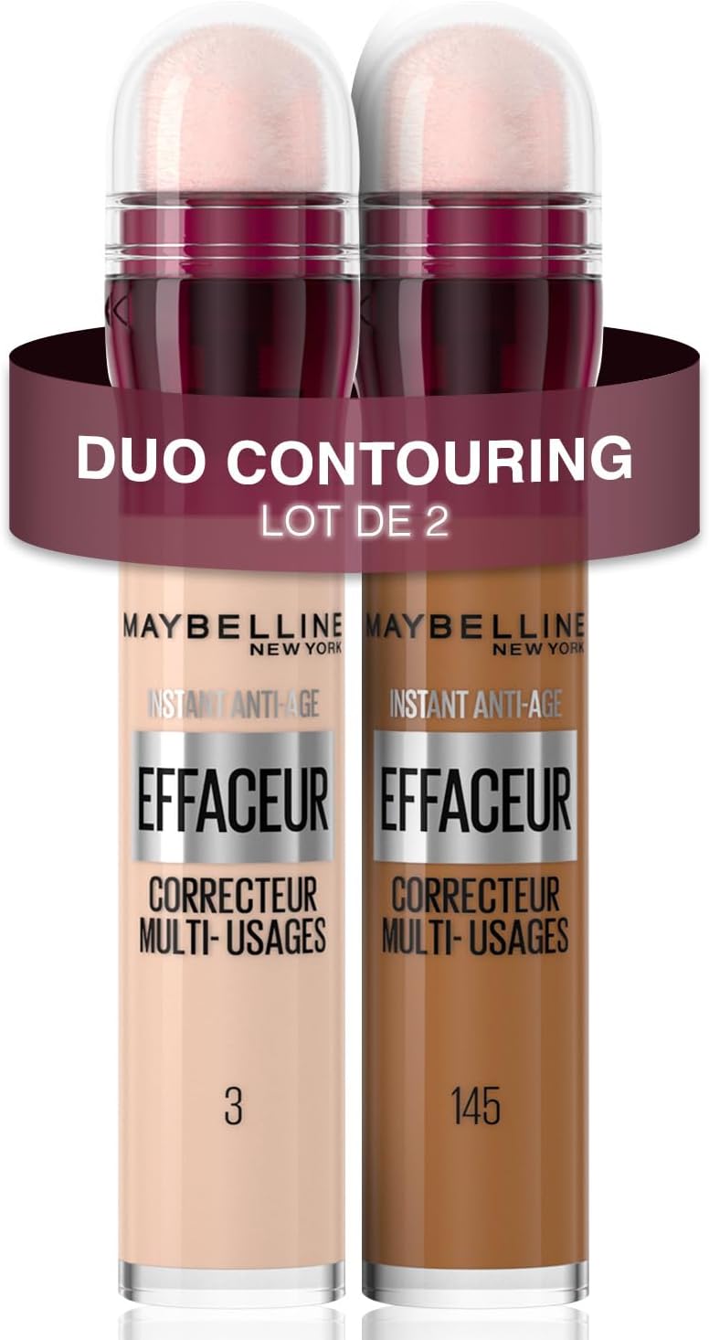 Maybelline New York - Lot de 2 Anti-cernes Fluide - Kit Correcteur & Contouring - Instant Anti-Age L’Effaceur - Teintes : Clair (03) & Olive Doré (145) - 2x 6,8 ml - Image 1