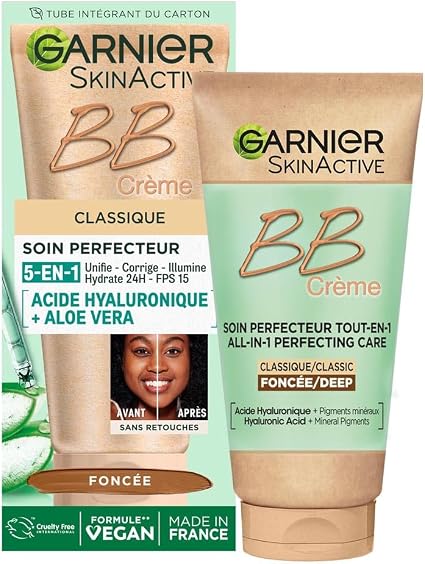 GARNIER Skin Active - BB Cream - All-in-1 Perfecting Care - Evens, Mattifies & Hydrates - SPF 25 - Hyaluronic Acid & Aloe Vera - Vegan & Cruelty Free - Combination to Oily Skin - Dark Tint - 50 ml - Image 1