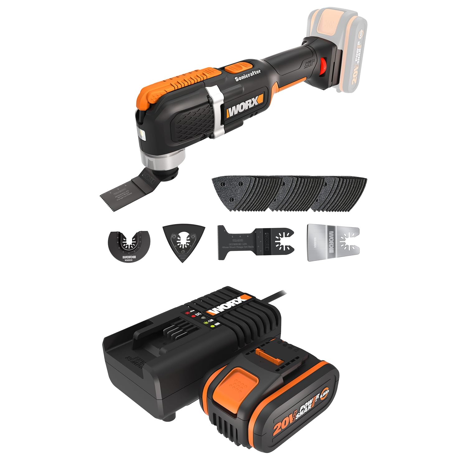 Pack WORX 20V WX696.9 Cordless Oscillating Tool, Powerful 5000/6000 rpm, 3.6° Wide Oscillation Angle, Easy Blade Change, Lightweight, 1 x 4Ah Battery, Fast Charger - Image 1