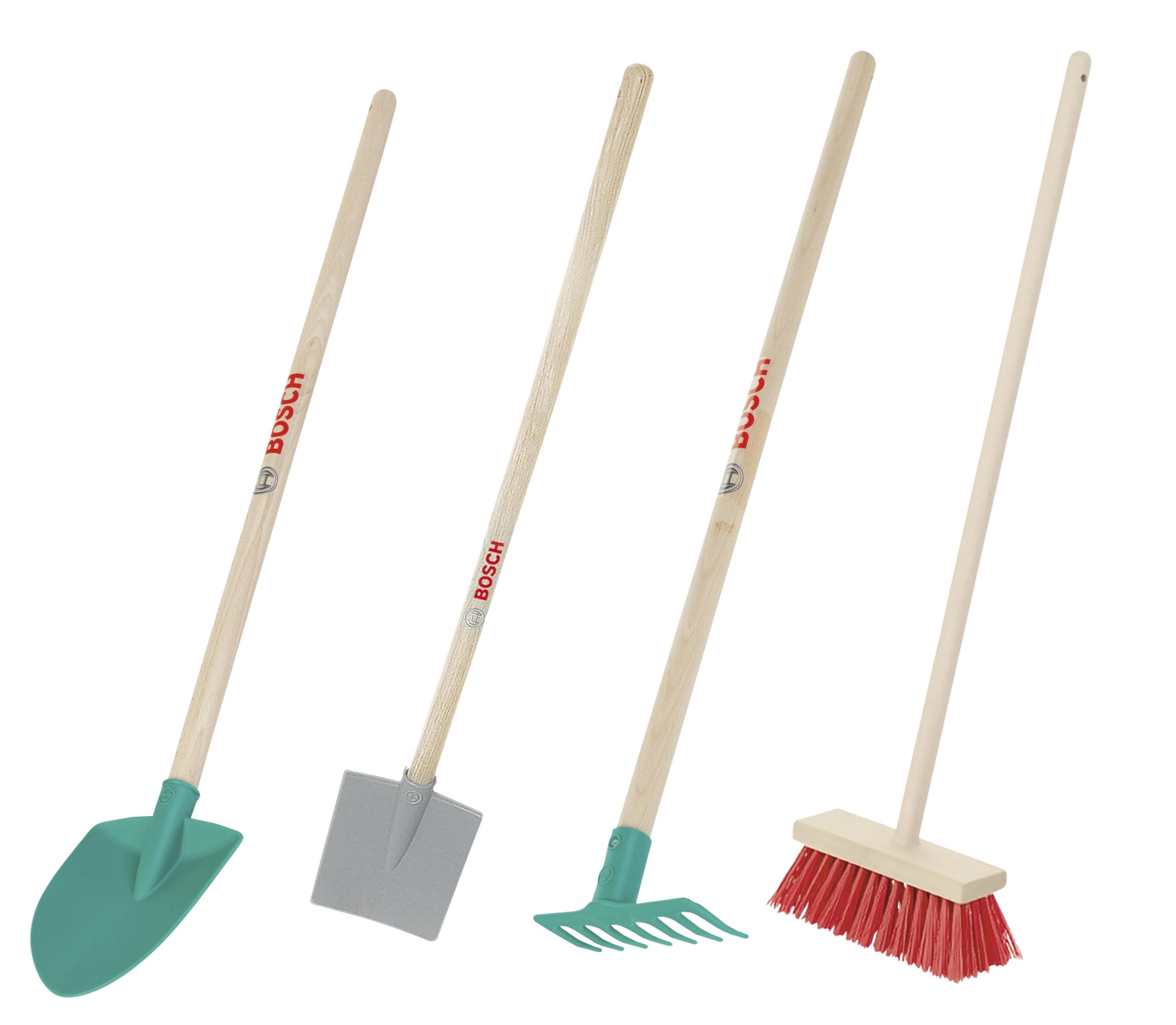 Theo Klein 2794 Bosch Long Handle Tools I Consisting of a Shovel, Leaf Rake, Rake and Broom I Toy for Children from Three Years Old