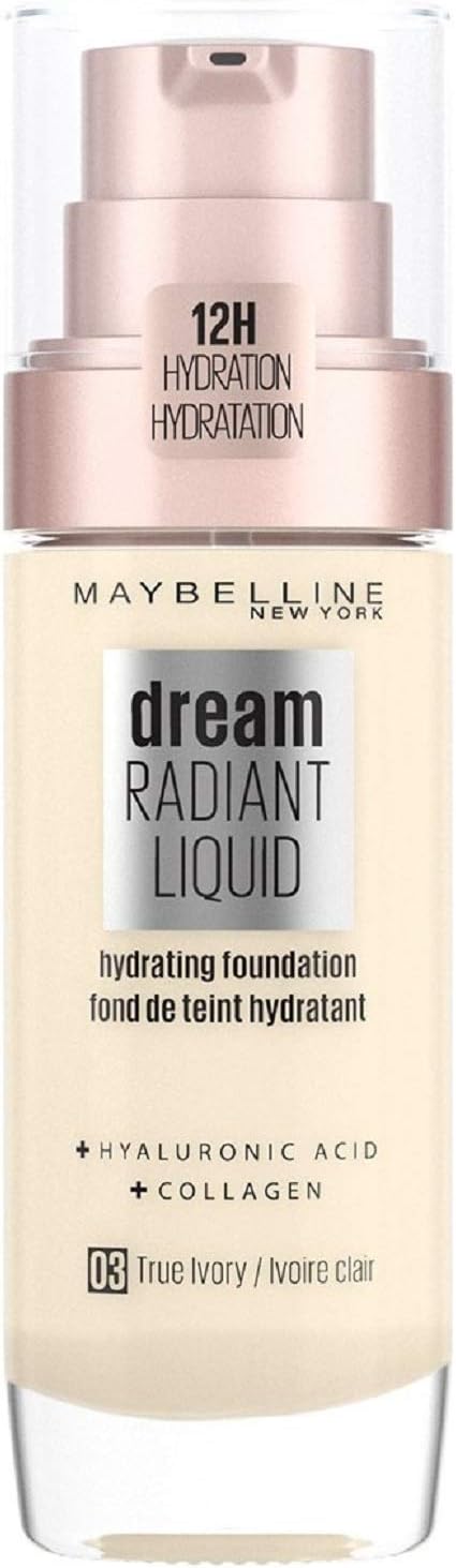 Maybelline Foundation Hydrating Liquid Dream Radiant Foundation with Hyaluronic Acid and Collagen - Light and Medium Coverage Up to 12 Hours of Hydration, 03 True Ivory - Image 1