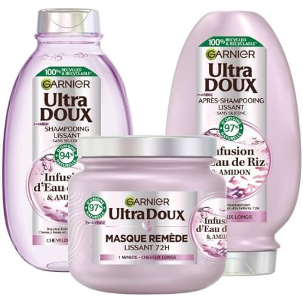 Garnier Ultra Gentle Smoothing Routine with Rice Water Infusion - Unruly and Unruly Hair - Shampoo (250 ml), Mask (340 ml) and Conditioner (200 ml) - Image 1