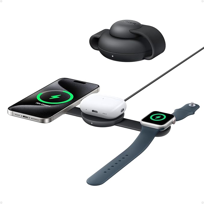 Anker MagGo Induction Charger iPhone 3 in 1 Wireless Charging Station Compatible with MagSafe, Qi2 Certified 15W, Foldable Travel Charger, iPhone 17/16/15, AirPods, Apple Watch (USB-C Charger Included - Image 1