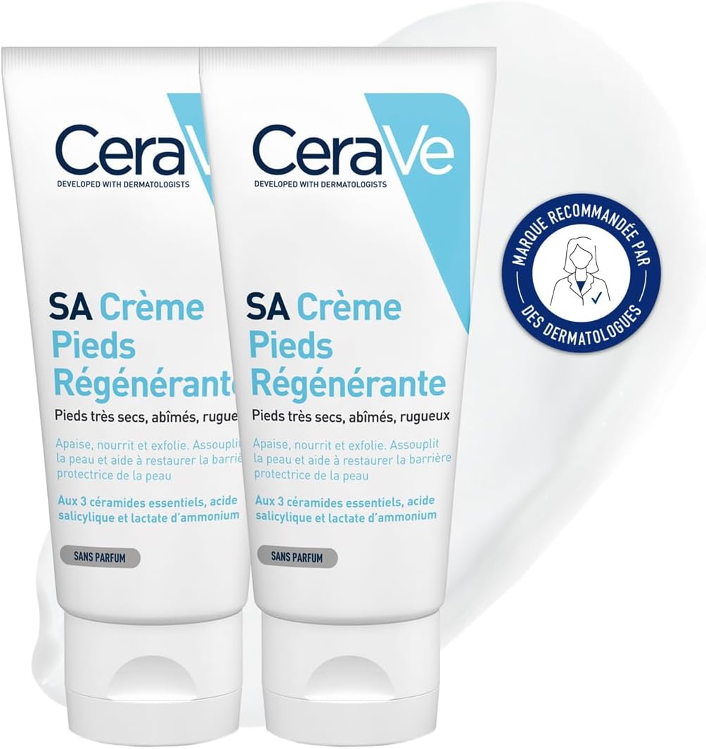 CeraVe - SA Regenerating Foot Cream - Exfoliates, Nourishes, Soothes & Softens - Salicylic Acid + Ammonium Lactate + 3 Essential Ceramides - Dry, Damaged, Rough, Squamous Feet - 2 x 90 ml - Image 1