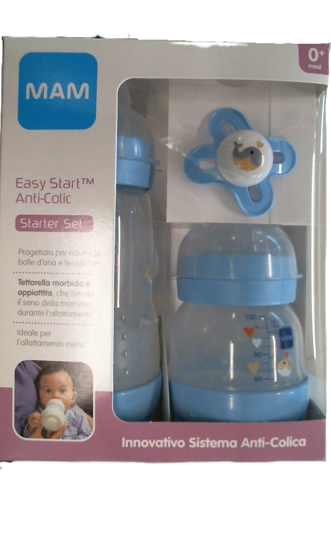 MAM Easy Start Anticolic Bottle 130 ml and 260 ml with SkinSoftTM Silicone Teat with Start Nano Teat, 0+ Months, Light Blue - Image 1