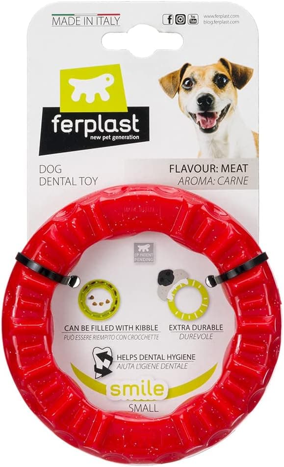 Ferplast Jouet Chien, Anneau Distributeur Croquettes Friandises pour Chien, en Matériau Durable à Mâcher, Arôme de Viande, pour Hygiène Dentaire, SMILE Anneau Fitness, Jouets pour Chiens Petits, Rouge