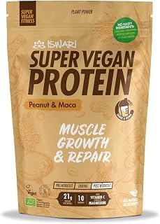 ISWARI SUPER VEGAN PROTEIN FITNESS cacahuete-maca – produit multifonction à large champ d’application, s’intègre facilement dans une routine de tous les jours, poids 350 g et facilite la prise en char - Image 1