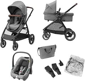 Maxi-Cosi Zelia S Trio 3-in-1 Pushchair, 0-4 Years, Up to 22 kg, Foldable, Compact and Reclining Baby Stroller, with CabrioFix S i-Size Baby Car Seat, Accessories, Changing Bag, Grey - Image 1