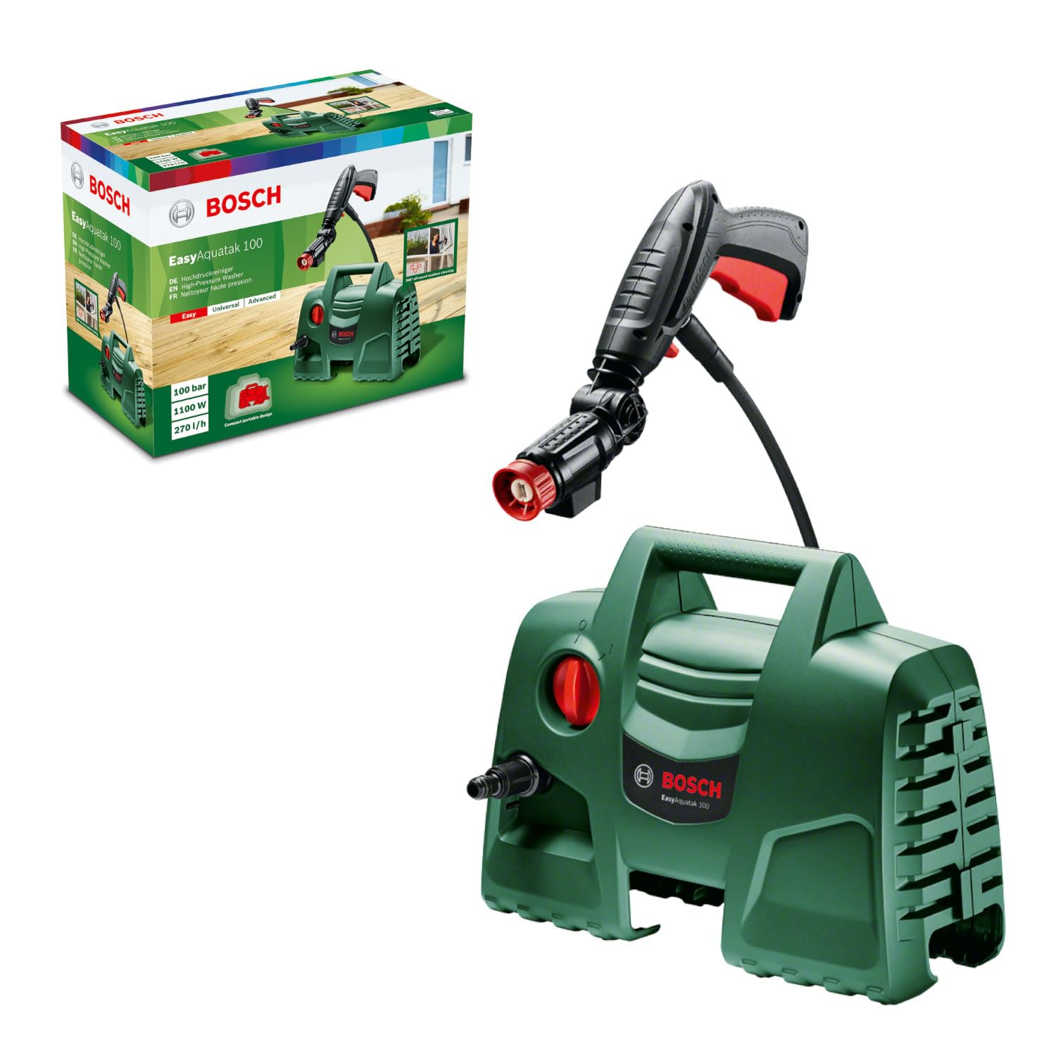 Bosch EasyAquatak 100 Pressure Washer (360° nozzle with detergent tank, 5 m hose, 3 m hose, Cardboard, 1100 W, Pressure: 100 Bar, Maximum flow rate: 270 l/h) - Image 1