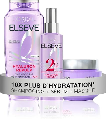 L'Oréal Paris - Intense Hydration Routine - Dehydrated Hair - Hydration 72H - With Hyaluronic Acid - 3 Products - Shampoo, Serum & Mask - Elseve Hyaluron Repulp - Image 1