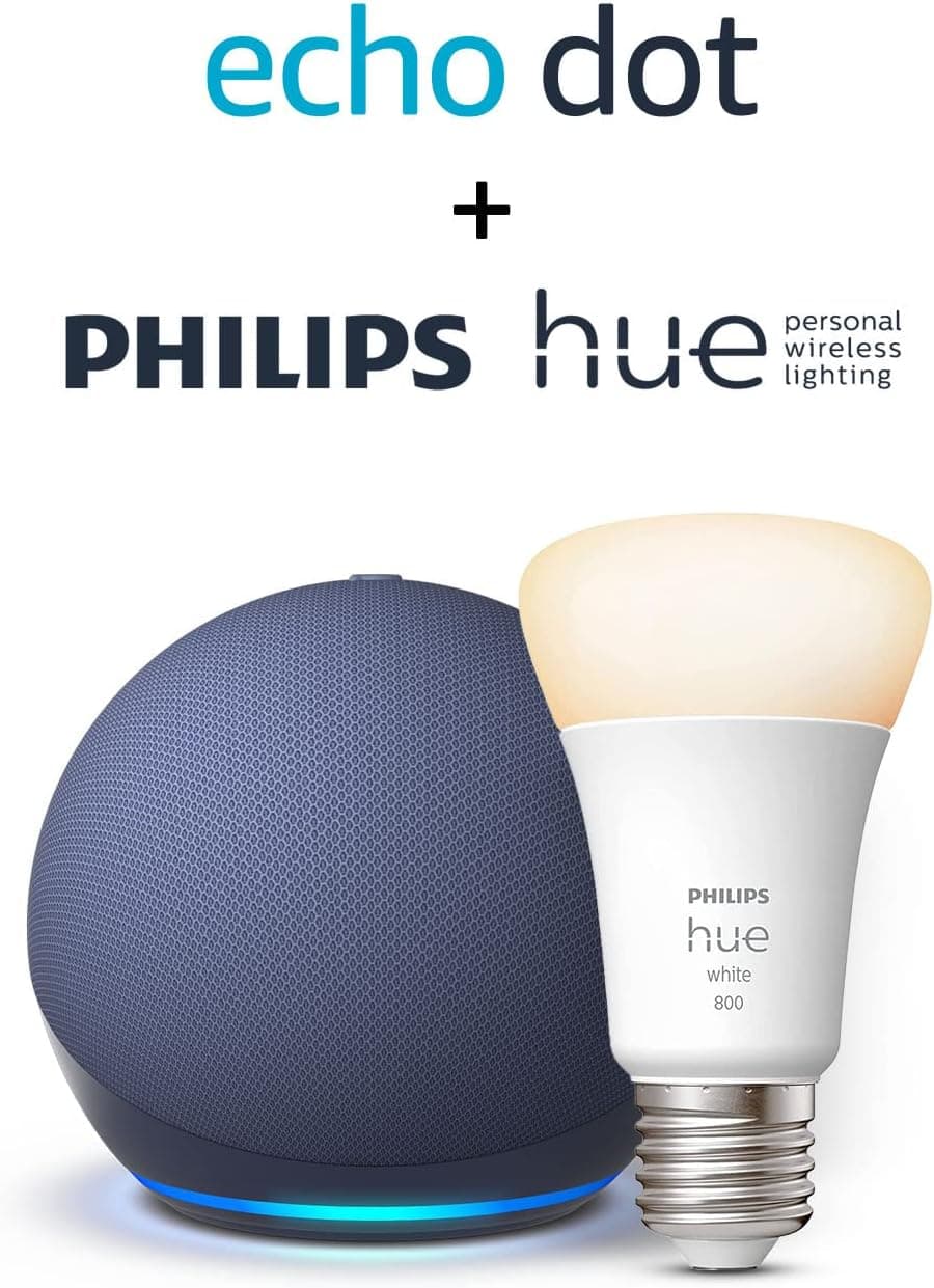 Echo Dot (5e génération) | Bleu marine + Philips Hue White ampoule connectée (E27), Fonctionne avec Alexa - Kit de démarrage Maison connectée