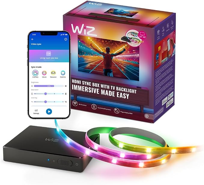 WiZ HDMI Sync Box with TV Backlight - Sync Lights with Movies, Games and Music - RGB LED Strip for 55-65 inch TV - App Control - Google and Alexa Compatible - Image 1