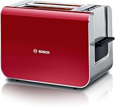 Bosch Styline TAT8614N Grille-pain avec grille réchauffe-viennoiseries intégré, fonction relevage, fonction décongélation, arrêt automatique, centrage du pain, 800 W, acier inoxydable/rouge - Image 1