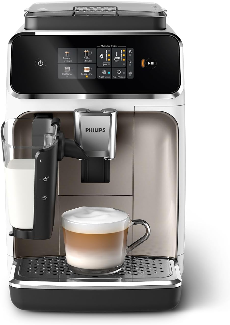 Philips Expresso broyeur Série 2300-4 Boissons, Écran tactile coloré, Carafe LatteGo, SilentBrew, Broyeur 100% Céramique, Machine à café à grain Blanc Chromé (EP2333/40) - Image 1