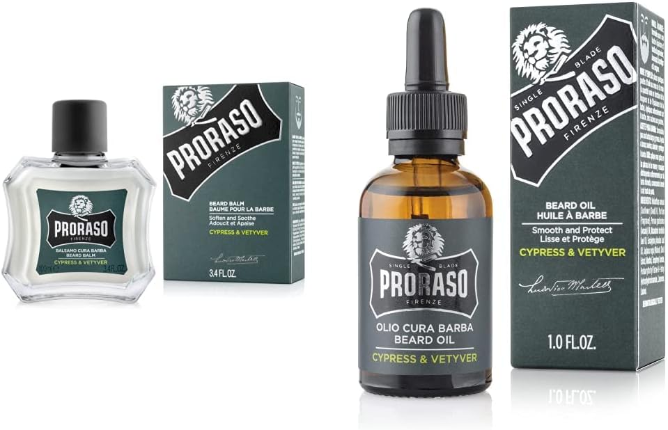 Proraso Baume Barbe, Cyprès & Vétiver, 100 ml, Baume à barbe parfumé, Adoucit, protège et soulage les démangeaisons et l'inconfort & Huile Barbe Cyprès & Vétiver, 30 ml, Huile pour barbe parfumée - Image 1
