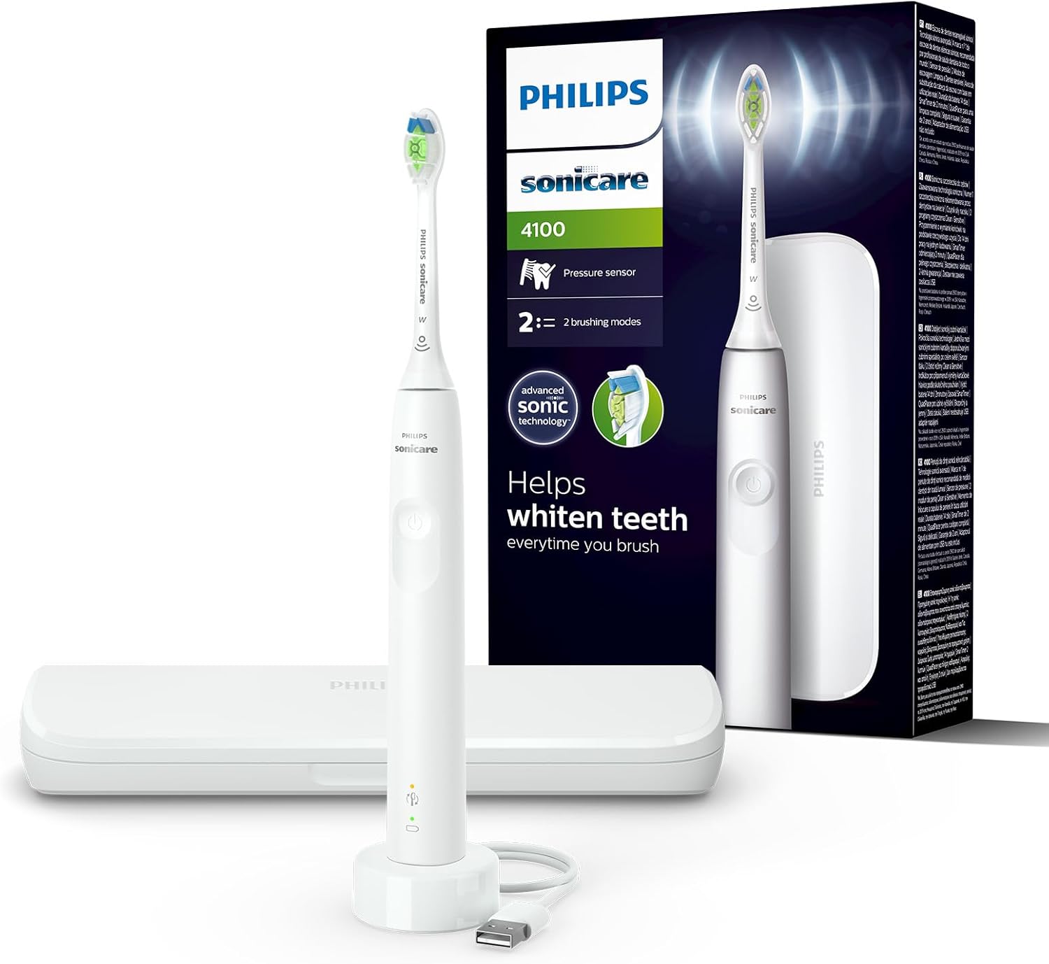 Philips Sonicare 4100 - brosse à dents électrique pour adultes avec 1 tête de brosse à dents Philips W2 Optimal White blanche, coffret de voyage fin et chargeur USB (modèle HX3683/33) - Image 1
