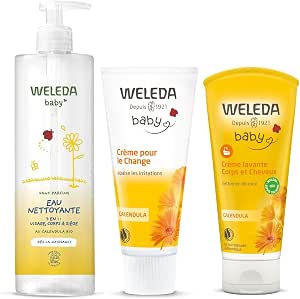WELEDA Calendula Complete Baby Care Set: Changing Cream (75 ml) + Body & Hair Cleansing Cream (200 ml) + Cleansing Water (400 ml) - Protection, Softness & Daily Cleansing Organic - Image 1
