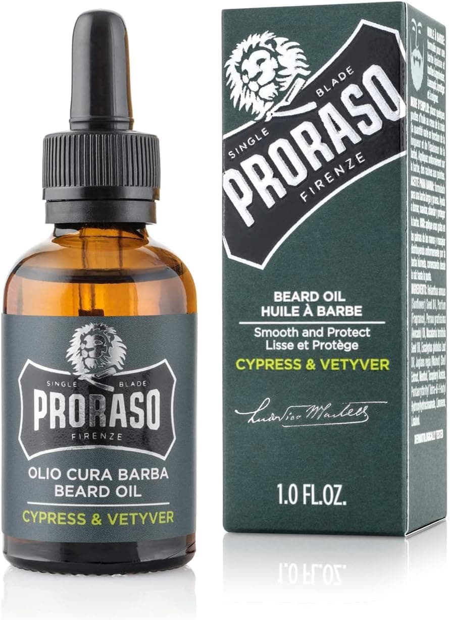 Proraso | Huile à barbe Cypress & Vetyver (flacon de 30 ml) – Huile pour barbe adoucissante et protectrice pour les barbes longues et hirsutes – Fabriquée en Italie