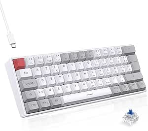 TECURS Mechanical Gaming Keyboard – Wired Gaming Keyboard Blue French AZERTY LED Backlit Gaming Keyboard Mini 60% for PC/Windows/PS5/PS4, White and Grey