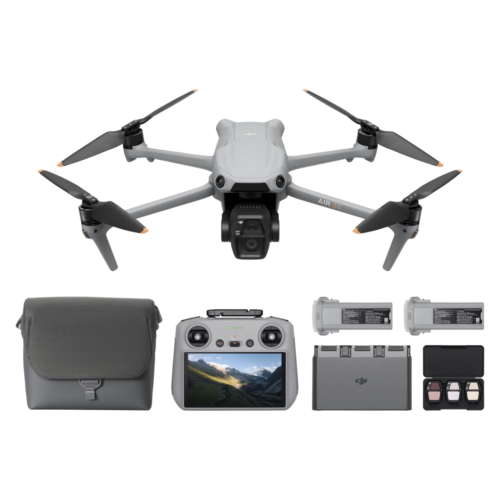Fly More DJI Air 3S Bundle (RC 2 Remote Control with Screen), Drone with 1" CMOS Wide-Angle Cameras & Medium TV for Adults, 4K/60 Fps, Omnidir Detection, and 3 Batteries for Increased Flight Time - Image 1