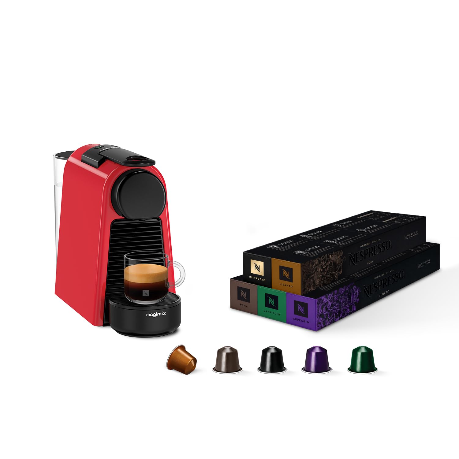 Nespresso Essenza Mini Coffee Machine, Magimix Red with Nespresso Original - Bundle 50 Capsules - Image 1