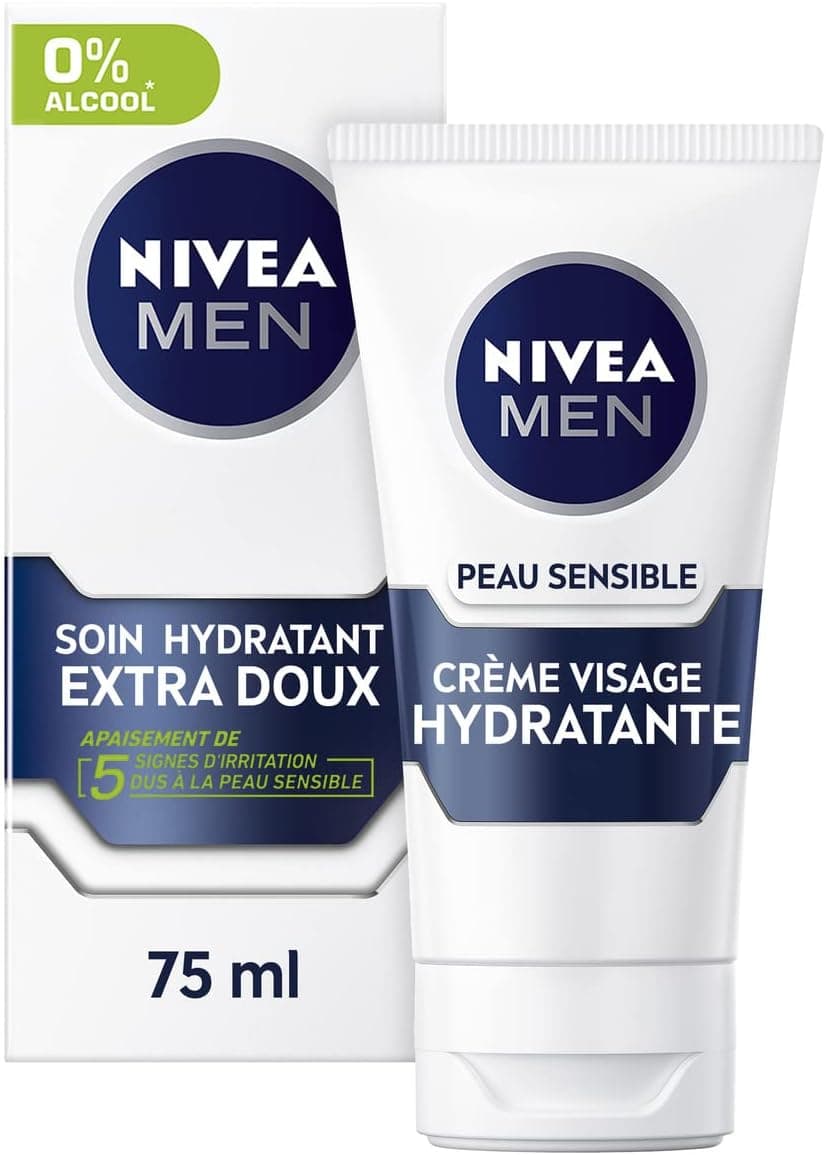 NIVEA MEN Soin Hydratant Extra Doux Peau Sensible (1x75 ml), crème visage hydratante pour homme à la peau sensible et irritée, soin visage homme apaisant 0% alcool