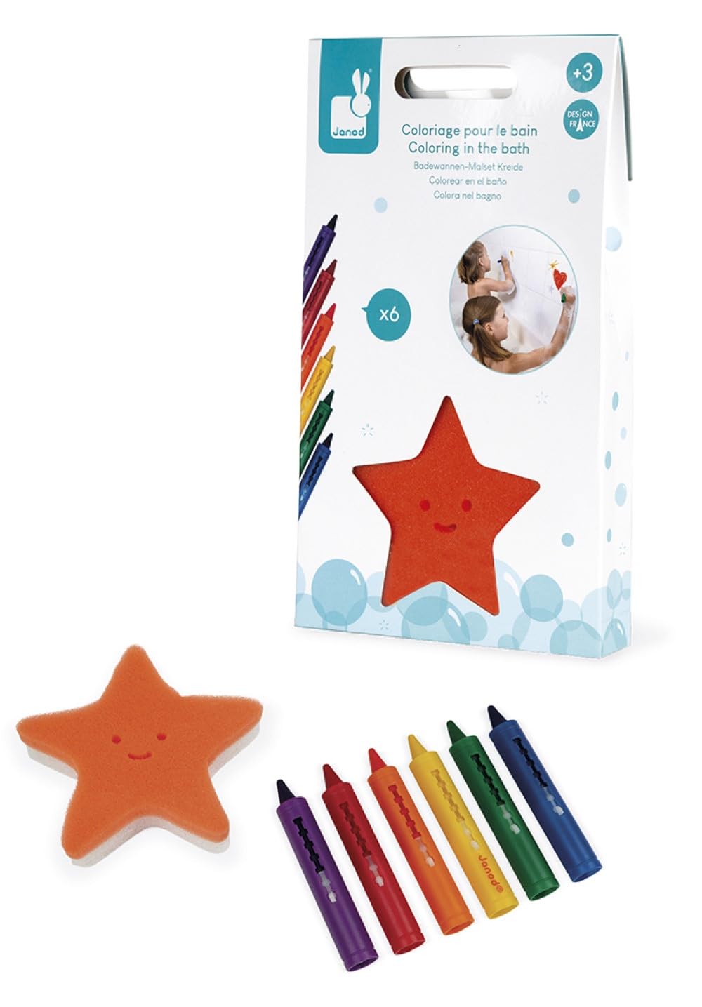 Janod - Fun Bath Colouring Set - Creative Bath Toy - 6 Pencils and 1 Sponge - Early Learning Toy - For Drawing & Writing - From 3 Years Old, J04725 - Image 1