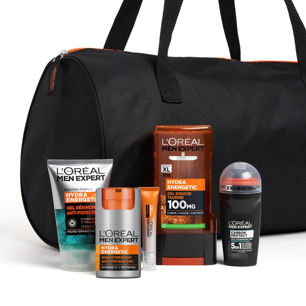 L'Oréal Men Expert - Energetic Routine Bag for Men - Anti-Fatigue Face & Eye Care - Vitamin C, Taurine & Charcoal - Hydra Energetic - 5 Products - Image 1