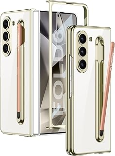 for Samsung Galaxy Z Fold 6 Coque Transparente avec S Pen Support & S Pen, Cristal Clair Placage Housse avec Protection D'écran, Luxueux Antichoc Anti-Rayures Coque(Doré+Stylo Rose) - Image 1