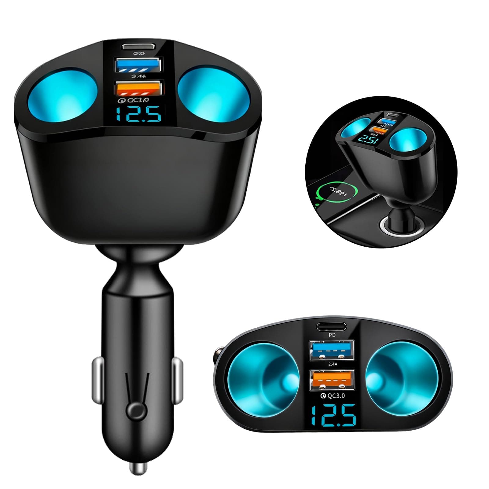 USB Cigarette Lighter, Car Phone Charger, Dual Cigarette Lighter Adapter 120W PD3.0 2.4A, Suitable for Mobile Phones, Tablets and On-Board Cameras