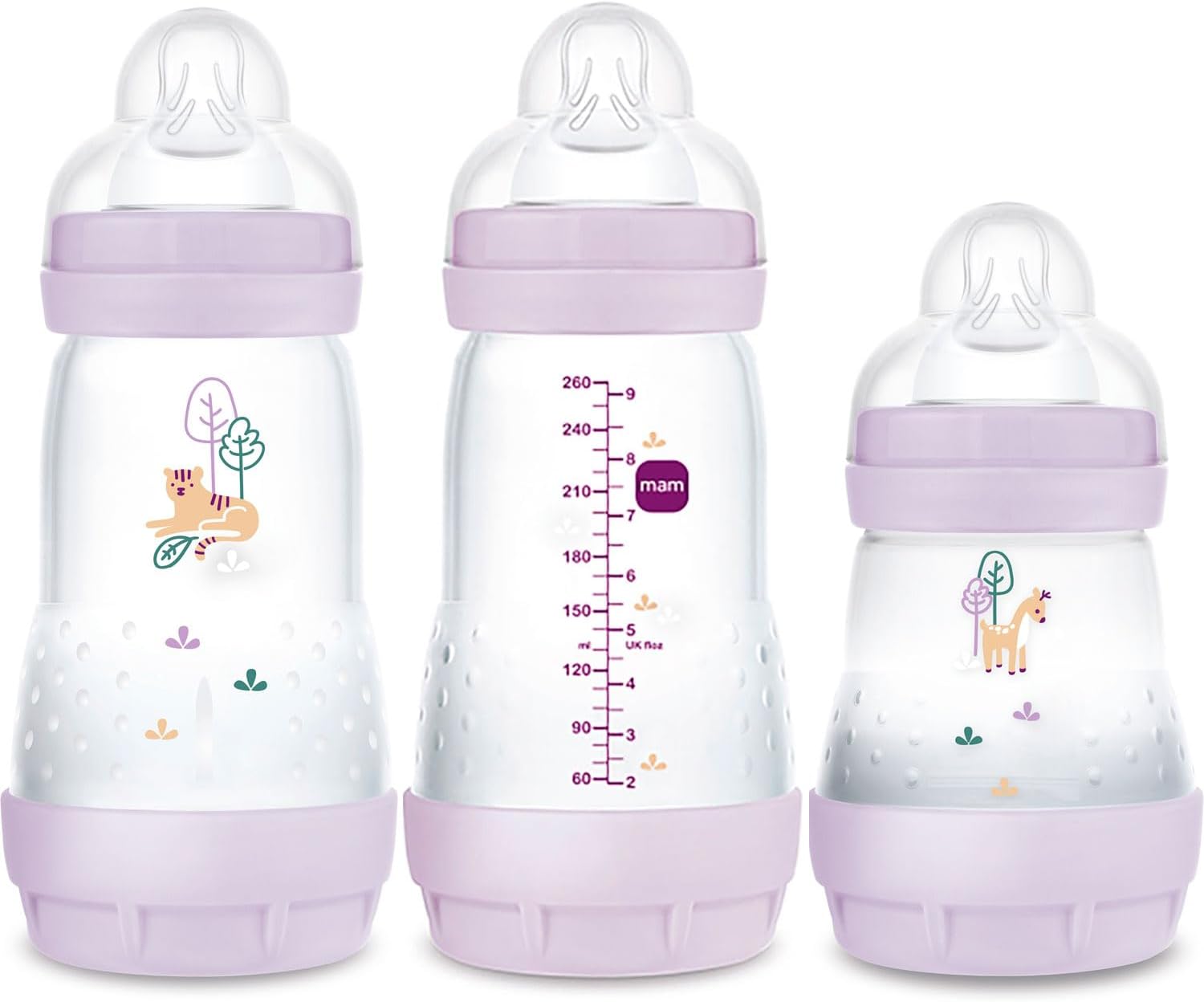 MAM Pretty Girl Lot de 2 biberons anti-coliques pour nouveau-né 260 +1 biberons anti-coliques 160 ml avec tétine taille 1 (à partir de la naissance) - Image 1