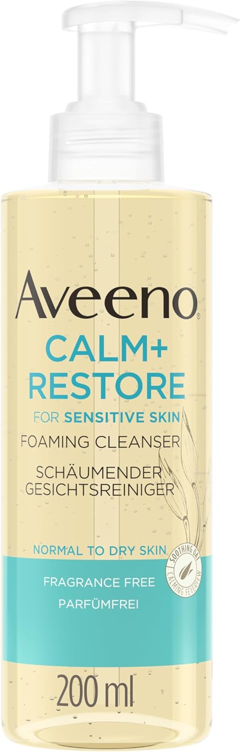 Aveeno Calm + Resort Nettoyant moussant pour le visage (200 ml), élimine le maquillage, mascara imperméable + laisse une sensation d'hydratation sur la peau, gel à mousse, pour peaux sensibles, sans - Image 1