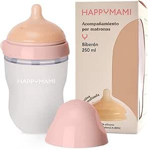 HappyMami - Breast Shaped Baby Bottle, 250ml Bottle, Turquoise Color, Medical Grade Silicone Teat, Double Anti-Colic System, BPA Free (Pink 250ml, 250ml)