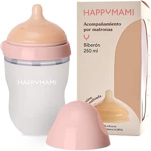 HappyMami - Breast Shaped Baby Bottle, 250ml Bottle, Turquoise Color, Medical Grade Silicone Teat, Double Anti-Colic System, BPA Free (Pink 250ml, 250ml) - Image 1