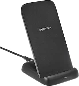 Amazon Basics 10W Qi Certified Wireless Charging Stand for Phone 16/15/14/13/12/11/X, Samsung etc with USB Cable (No AC Adapter), Black